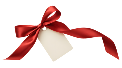 Elegant red satin ribbon tied in a bow with a blank white gift tag isolated on transparent background