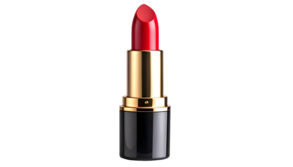 A vibrant red lipstick in a gold and black metallic case against a black backdrop