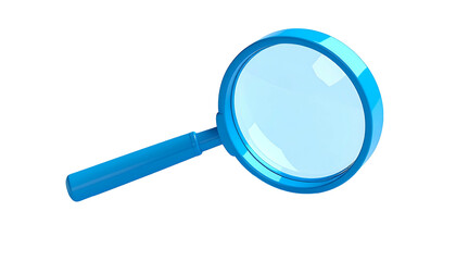 3D rendered, bright blue magnifying glass floating against a solid black background
