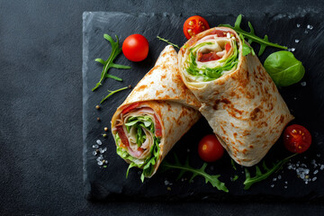 Snack wrap cut in halves on slate plate, overhead shot with artistic food styling