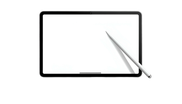 Tablet computer with stylus, blank screen, on black background