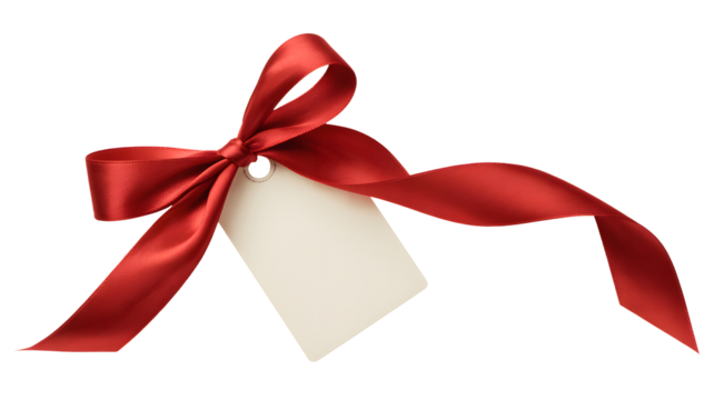 Elegant red satin ribbon tied in a bow with a blank white gift tag isolated on transparent background
