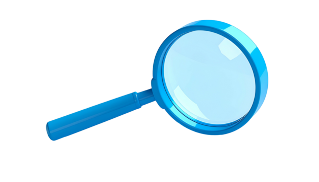 3D rendered, bright blue magnifying glass floating against a solid black background