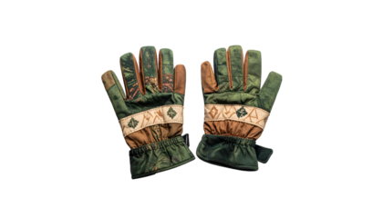 A pair of vintage-style gloves, olive green, brown & tan, intricate patterns
