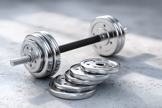 Metal weight plates and dumbbell bar with black grip on light gym surface. Strength training gear for fitness, bodybuilding, and home workout