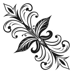 Black ornate floral swirl decorative element on white background Keywords: floral, swirl