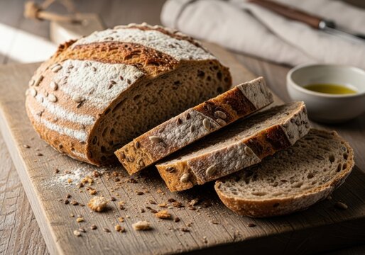 Rustic sourdough bread loaf sliced on wooden board isolated on brown background