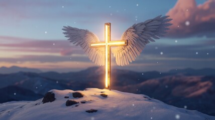 A radiant cross with majestic angelic wings stands atop a snowy mountain peak, illuminated against a serene dusk sky with falling snow.