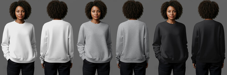 Front and Back Mockup of a African American Woman Wearing a Crewneck Sweatshirt. White Grey Black Color Collection