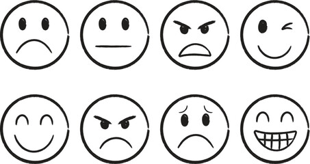 Hand Drawn Emotions Faces Icons Set. Expression Line Art Collection