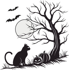 Minimal Flat Halloween Composition with Cat, Moonlight, and Pumpkins Silhouette | Spooky Night Vector Illustration