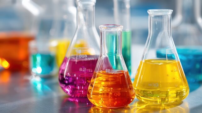 Colorful glass containers hold vibrant liquids showcasing a lively scene of scientific exploration.