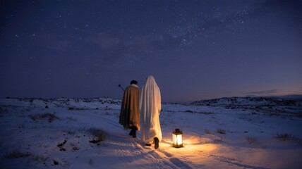 Two cloaked figures trek across a star-filled, snowy night landscape. A warm lantern guides their silent journey, evoking ancient mystery.