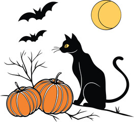 Minimal Flat Halloween Composition with Cat, Moonlight, and Pumpkins Silhouette | Spooky Night Vector Illustration