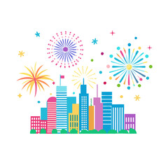 Colorful Vector Icon of Fireworks Over City Skyline