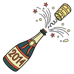 Champagne bottle popping cork with 2014 and colorful confetti vector illustration