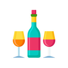 Colorful Vector Icon of Wine Bottle and Glasses Illustration