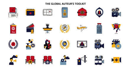 A comprehensive collection of flat design icons representing the global film industry, filmmaking process, cinema, and awards, perfect for creative projects.