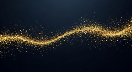 Golden particles flowing in a wavy line across a dark background with bokeh effect and soft lighting