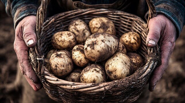 Farmer's dirty hands holding a basket of freshly dug potatoes