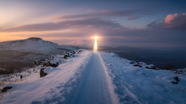 A snow-covered path leads towards a brilliant, cross-shaped light illuminating a serene winter mountain landscape under a twilight sky. - Powered by Adobe