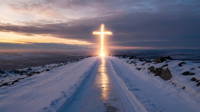 A glowing cross illuminates a snow-covered path. Its divine light reflects, guiding a spiritual journey of hope towards a colorful horizon.