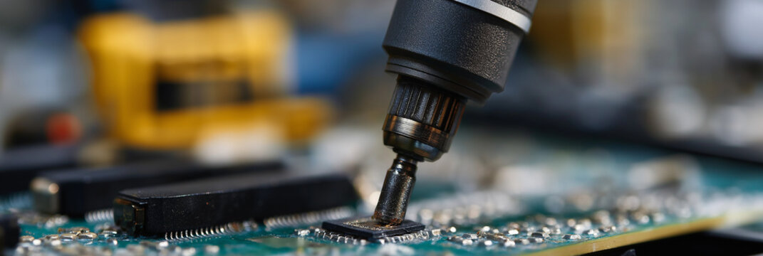 A technician uses a tool on a circuit board, highlighting precision and craftsmanship in electronics repair and the intricate nature of technological devices and their components.