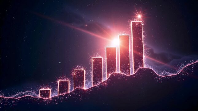 futuristic glowing red and purple bars rising in a soft misty sky, representing technology, ambition, and continuous progress toward innovation