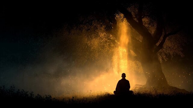 buddhist monk sitting in deep meditation beneath a large fig tree at night, as a golden beam of light shining down onto his head. enlightenment crown chakra awakening nirvana cosmic light transcendent