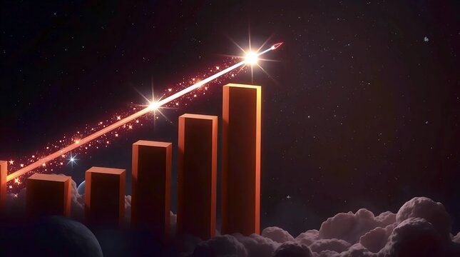 glowing golden bars rising into the night sky with a shooting star trail above, representing financial success, futuristic progress, and limitless potential in elegant style