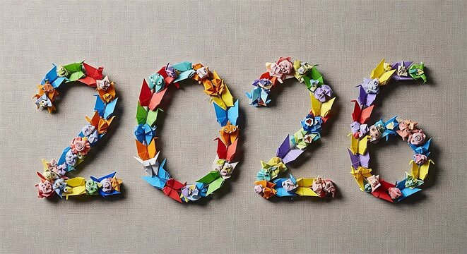 2026 numbers formed by colorful origami animals and shapes on a natural textured fabric background symbolizing creativity and artistry