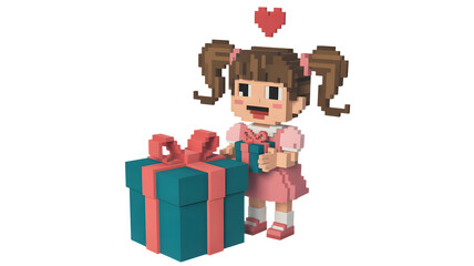 Cute pixel art girl with pigtails happily opening a large teal gift box with a pink ribbon isolated on transparent background