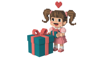 Cute pixel art girl with pigtails happily opening a large teal gift box with a pink ribbon isolated on transparent background