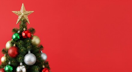 Obraz premium Christmas Tree Decorated With Ornaments and Star on Red Background