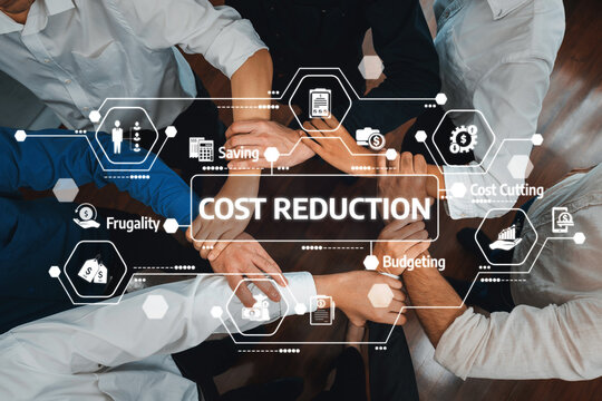A diverse group of professionals collaborates on cost reduction strategies, illustrating teamwork and financial planning, surrounded by relevant icons highlighting key concepts. Amity