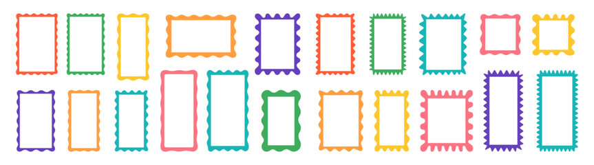 Color squiggle frames set. Zigzag wavy edges, retro scallop frames, psychedelic rectangles, photo frames, text boxes, tags, labels. Vector groovy shapes set on transparent background