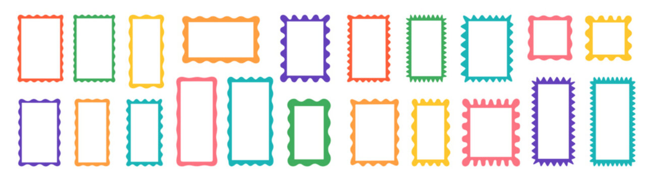 Color squiggle frames set. Zigzag wavy edges, retro scallop frames, psychedelic rectangles, photo frames, text boxes, tags, labels. Vector groovy shapes set on transparent background