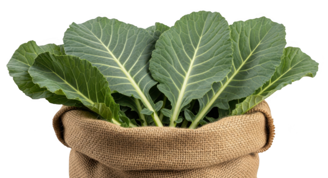 Fresh collard greens in burlap bag isolated on transparent background
