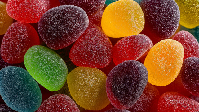 A vibrant and textured closeup of assorted fruit jelly candies covered in sugar, showcasing a rainbow of colors and shapes