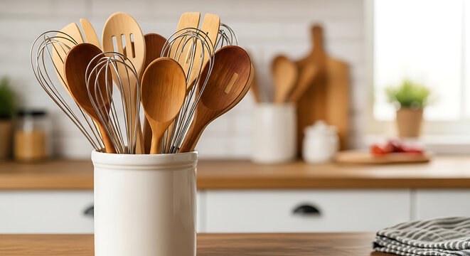 Kitchen utensils in a white ceramic holder on a wooden countertop with a blurred background scene