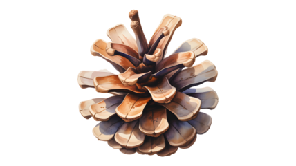 A detailed close up of a single brown pine cone with open scales showcasing its natural texture and organic form isolated on transparent background