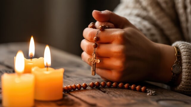 Hands holding a rosary in prayer, illuminated by flickering candles on a wooden table, symbolizing deep spiritual devotion and contemplation.