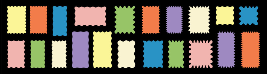 Colorful wavy zigzag rectangle frames set on black background