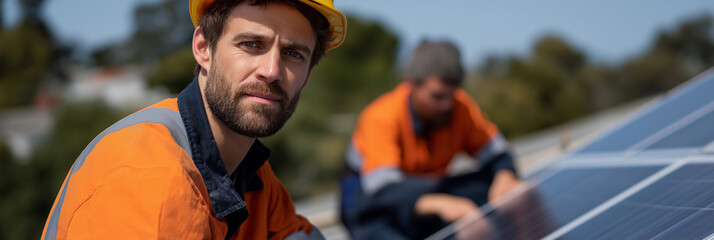 Two workers wear safety gear while installing solar panels atop a roof, representing the shift towards renewable energy and commitment to sustainable practices in modern society.