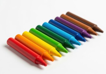 Obraz premium Rainbow colored crayons arranged in a line isolated on off white background