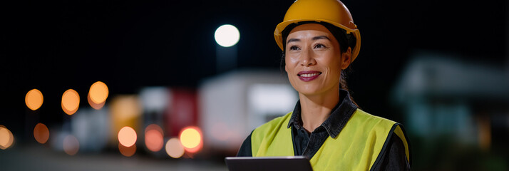 A confident woman in a safety vest and hard hat smiles while holding a tablet at a nighttime construction site, showcasing her leadership and dedication to her job in this dynamic environment.