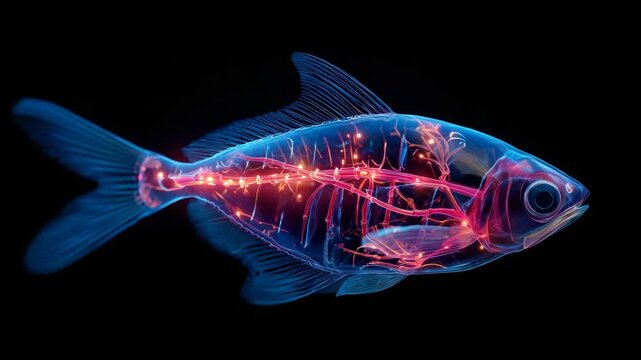 Transparent blue fish with glowing red internal organs on black background
