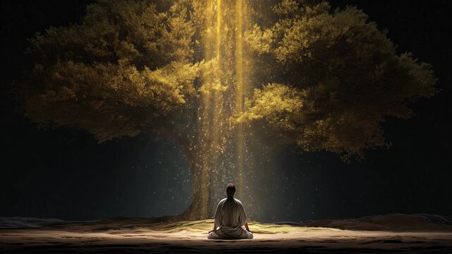 buddhist monk sitting in deep meditation beneath a large fig tree at night, as a golden beam of light shining down onto his head. enlightenment crown chakra awakening nirvana cosmic light transcendent