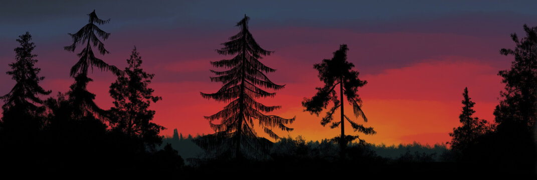 A serene silhouette of trees against a vibrant sunset sky, creating a picturesque scene that evokes tranquility and a deep connection to nature's beauty at the end of the day.