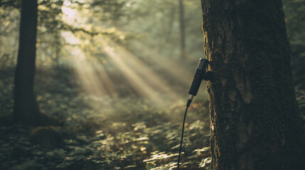 Naklejka premium A microphone is mounted on a moss-covered tree in a serene forest, capturing sounds of nature. Sunlight filters through the trees, enhancing the connection between microphone, tree, and surroundings